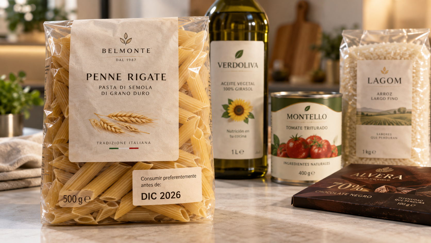 Pasta, arroz, aceite, conserva y chocolate con etiqueta de fecha de consumo preferente.