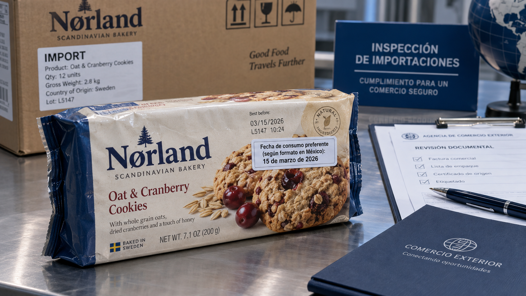 Producto alimenticio importado con fecha original y etiqueta complementaria en español para interpretar el consumo preferente.