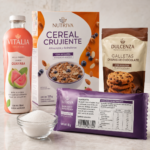 Productos alimenticios formulados con alulosa, incluyendo bebida, cereal, galletas y barra con lista de ingredientes y declaración nutrimental visible.