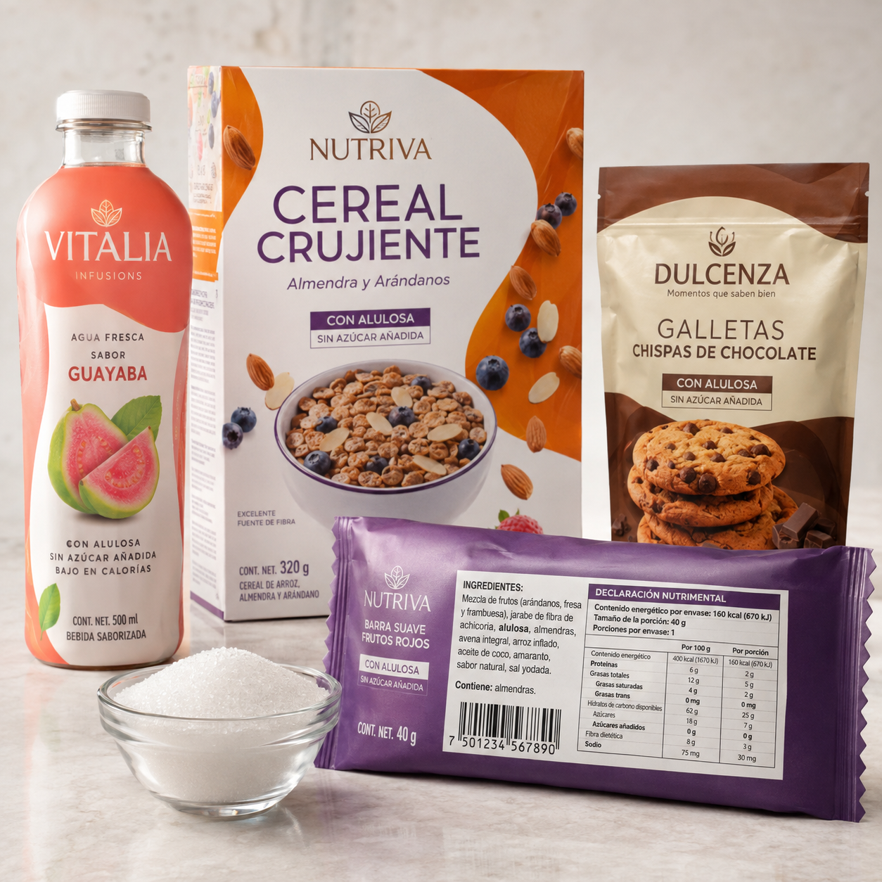 Productos alimenticios formulados con alulosa, incluyendo bebida, cereal, galletas y barra con lista de ingredientes y declaración nutrimental visible.