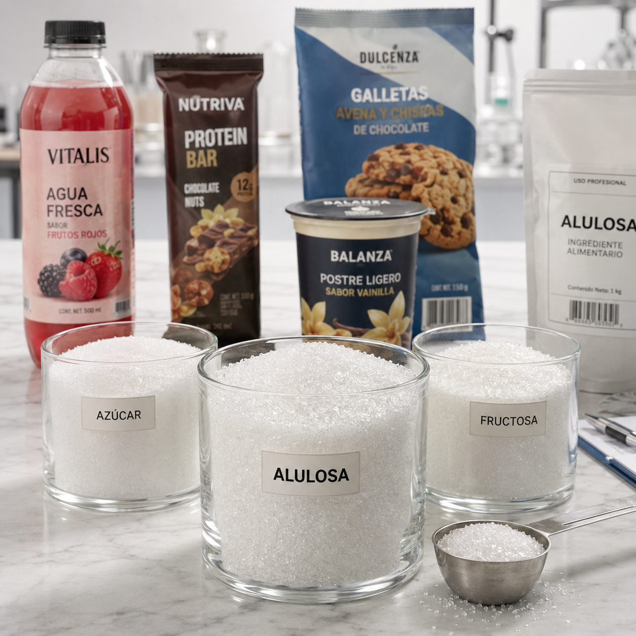 Comparación visual de alulosa, azúcar y fructosa en recipientes de vidrio, acompañados de productos alimenticios en un entorno de desarrollo de alimentos.