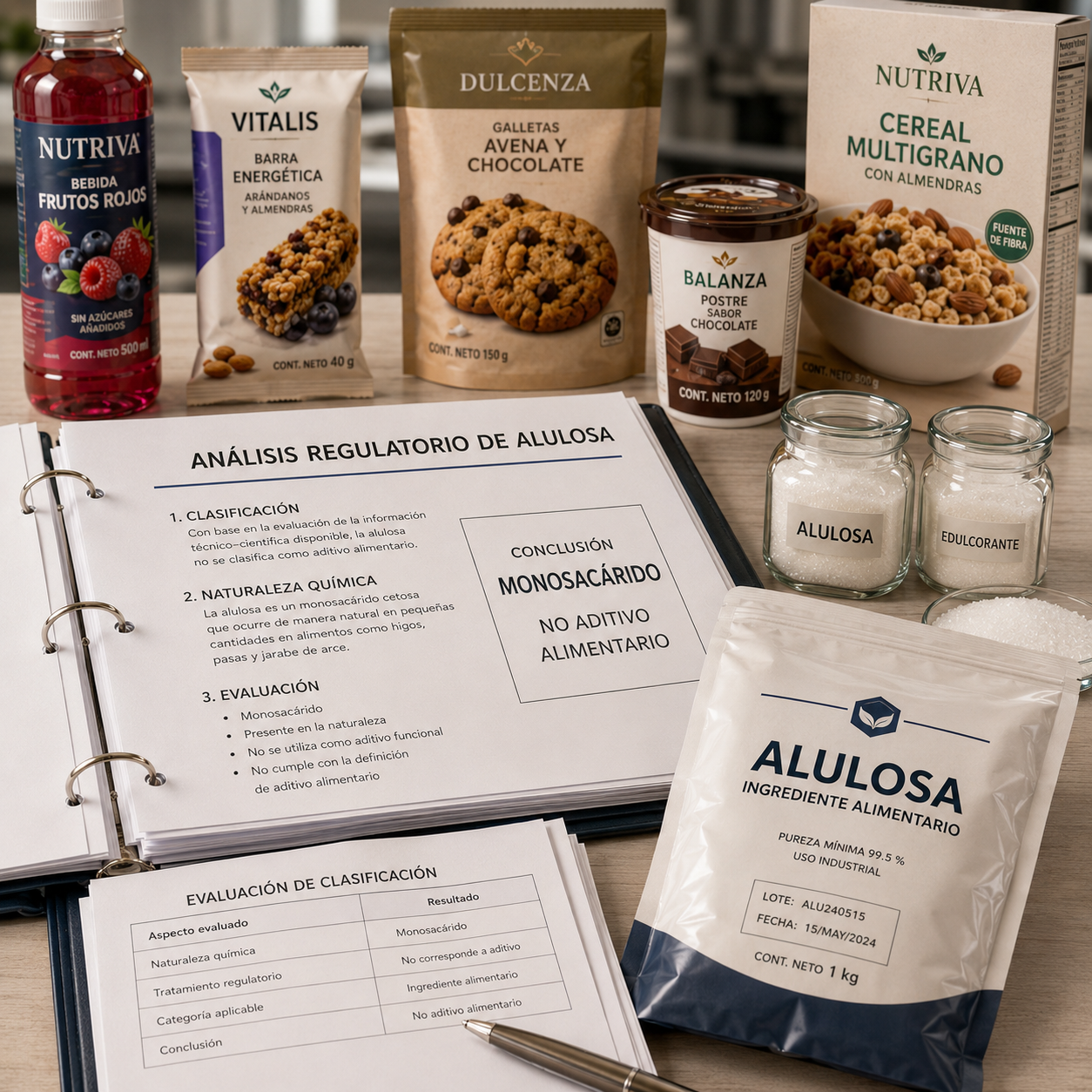 Análisis regulatorio con documentación técnica, productos alimenticios y muestras que explican su clasificación como monosacárido.