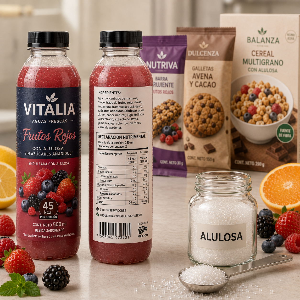 Bebida de frutos rojos mostrando su etiqueta frontal y declaración nutrimental, acompañada de cereal, galletas y una muestra del ingrediente.