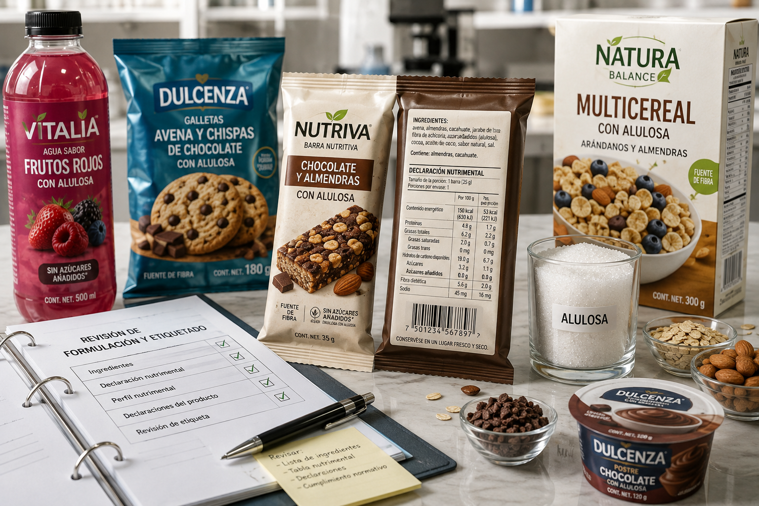 Revisión de formulación y etiquetado de productos con alulosa, con alimentos envasados, declaración nutrimental e ingredientes sobre una mesa de trabajo.
