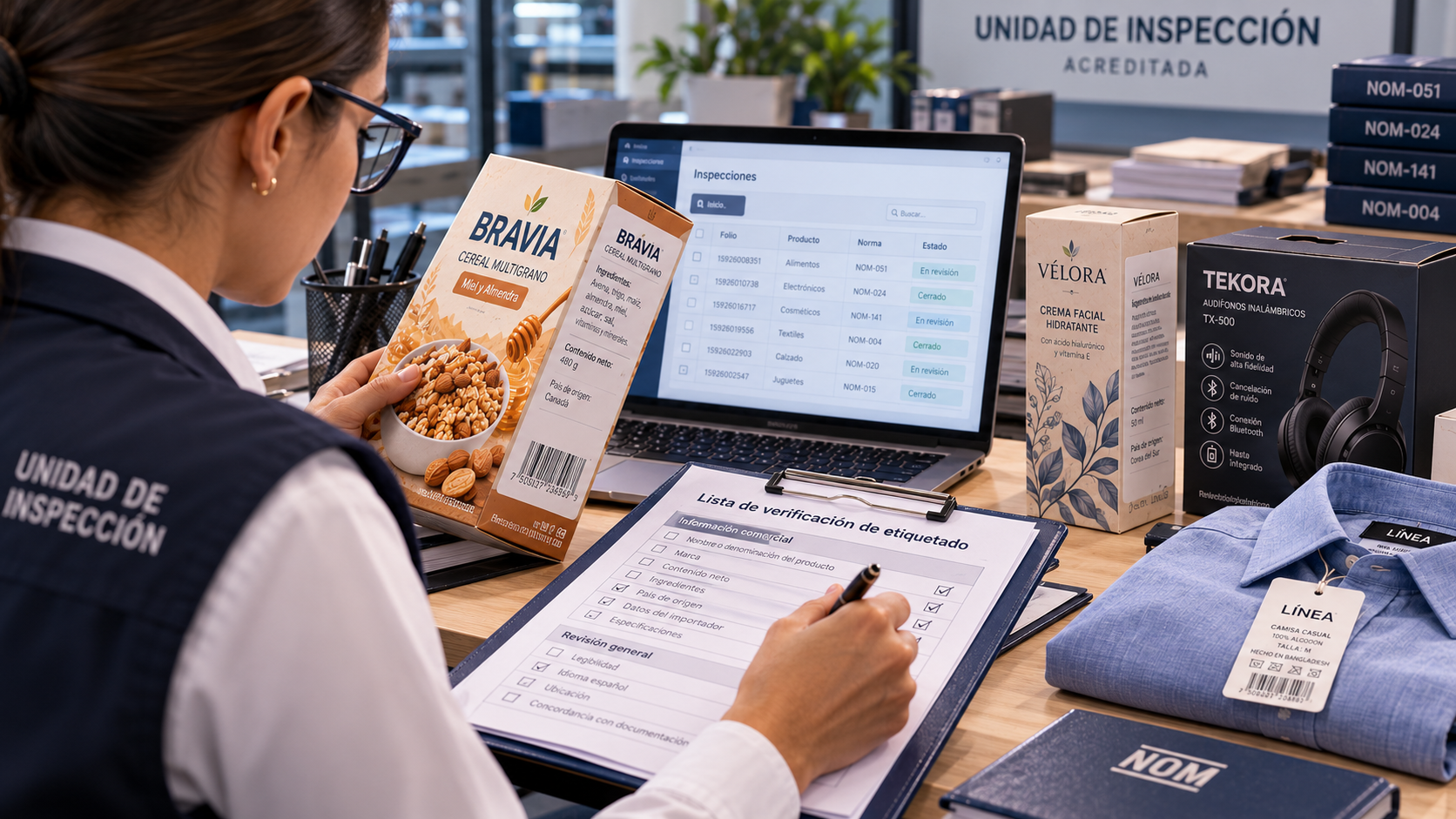 Inspectora de una unidad de inspección revisando el etiquetado de alimentos y otros productos para verificar su cumplimiento normativo.