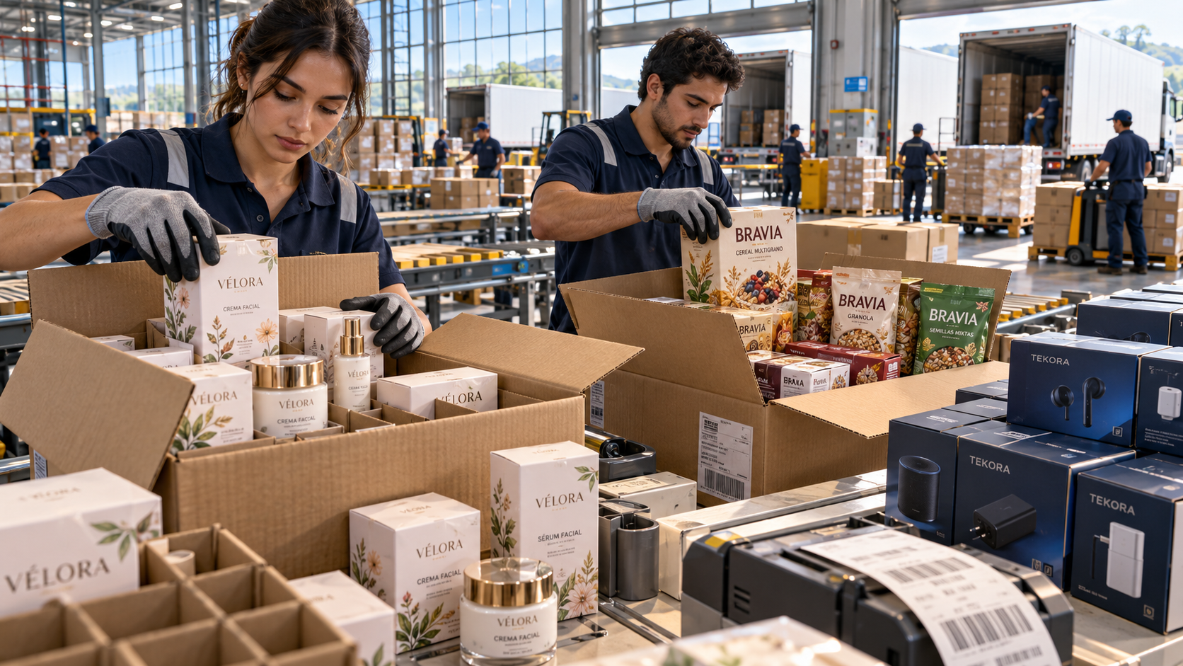 Trabajadores de  Unidades de Inspección preparando productos importados para su distribución, con etiquetas de información comercial en un centro logístico.