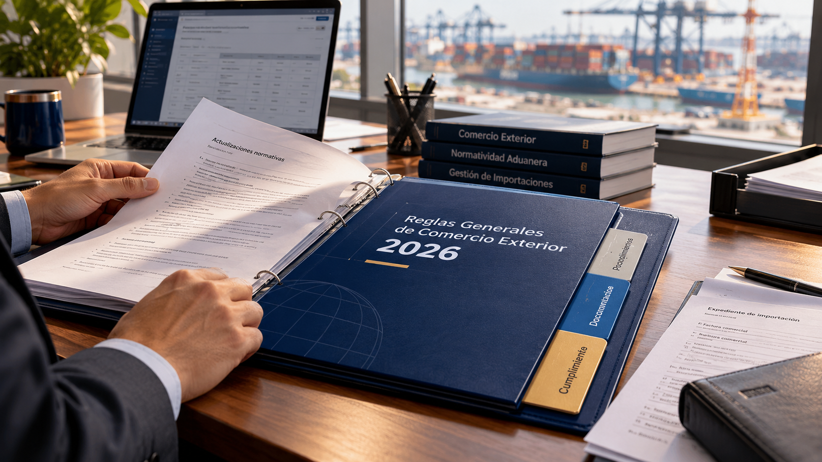 Especialista revisando las RGCE 2026 y documentación de comercio exterior frente a una terminal portuaria de mercancías.